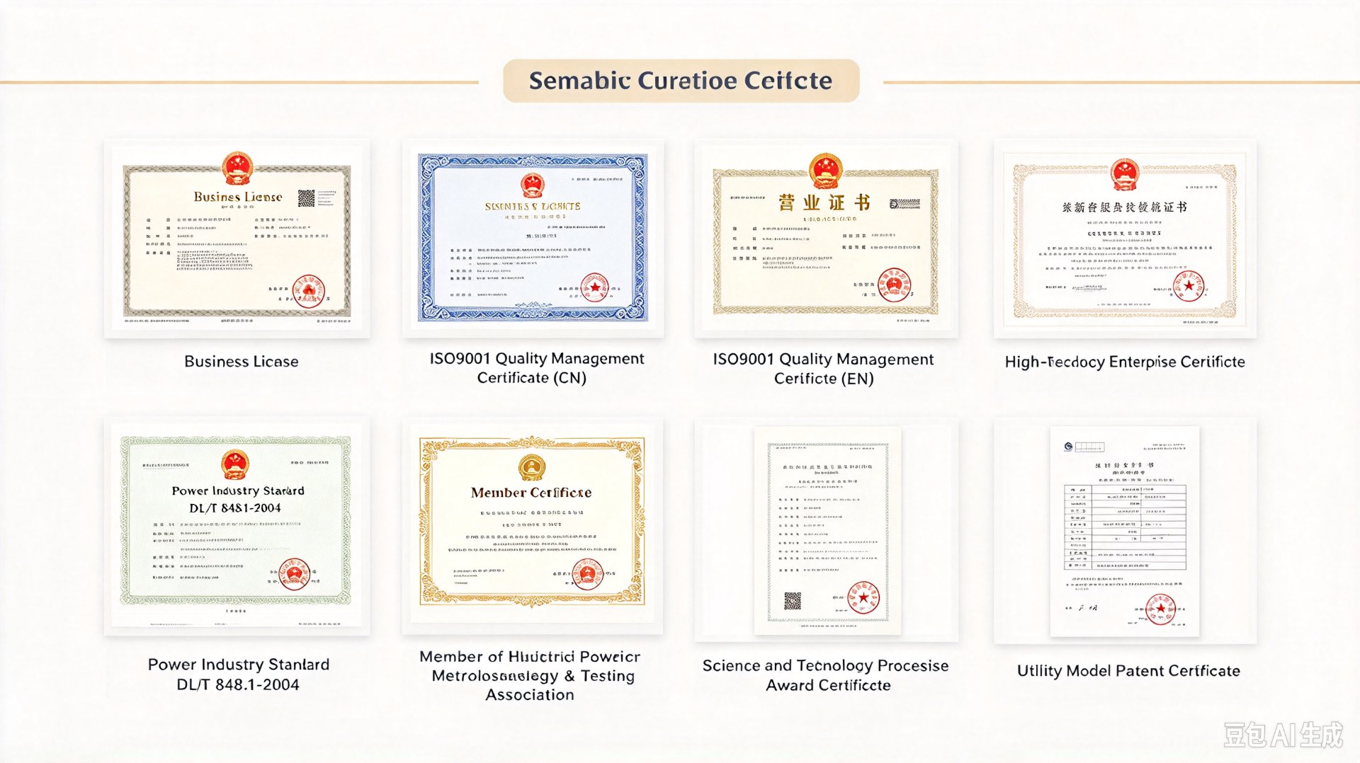 Yoanpower certificates overview — Business License, ISO 9001:2015 (CN & EN), High-Tech Enterprise, DL/T 848.1-2004 Power Industry Standard, Hubei EPMTA Membership, Science & Technology Progress Award, Utility Model Patent